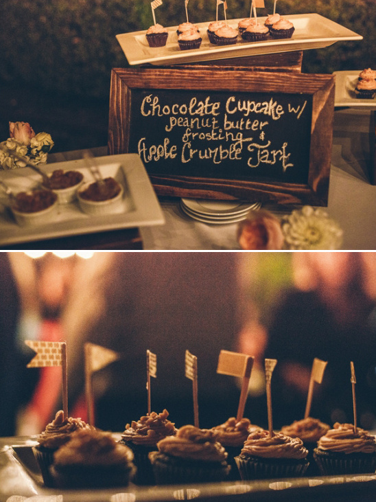 Here are chocolate cupcakes and apple crumble tart on dessert table