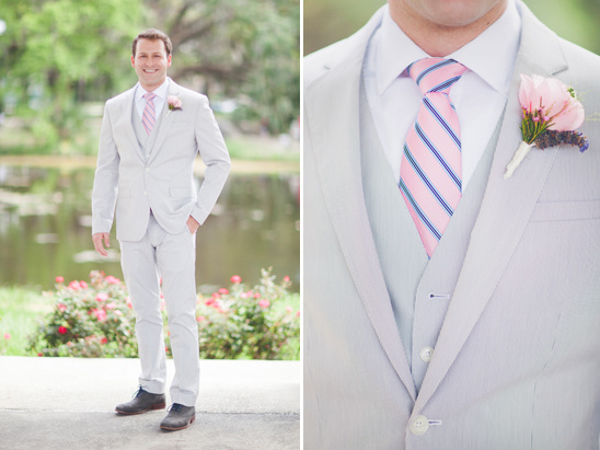 light grey and pink groom look