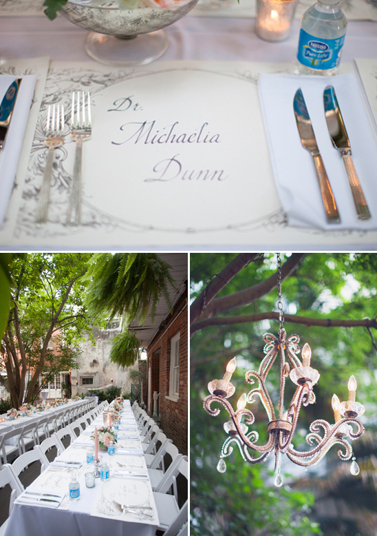 customized placemats and tree hung chandeliers