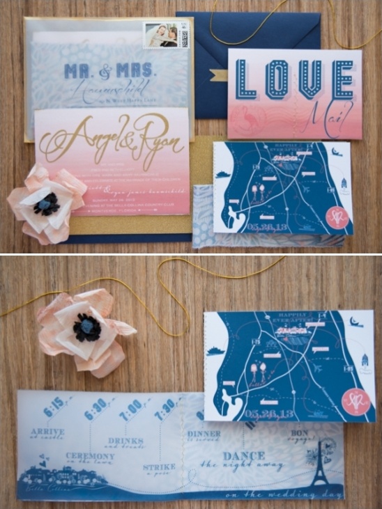 super cute pink and blue wedding invitations