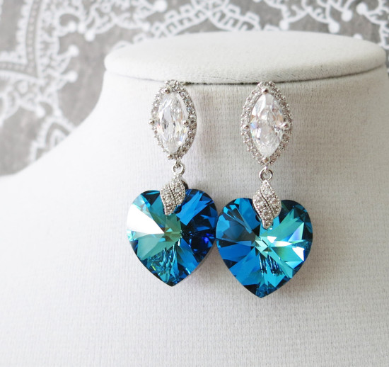 Elegant blue heart crystal earrings bridal jewelry