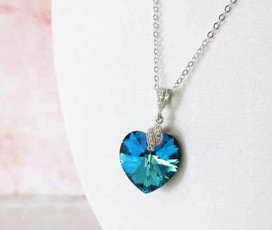 Blue heart crystal pendant necklace jewelry love gift
