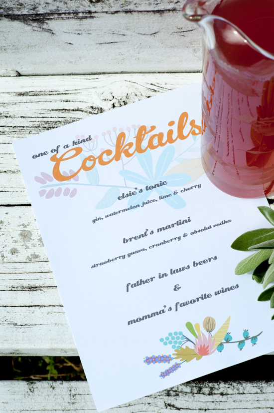 Colorful cocktail menu with drink list and ingredients