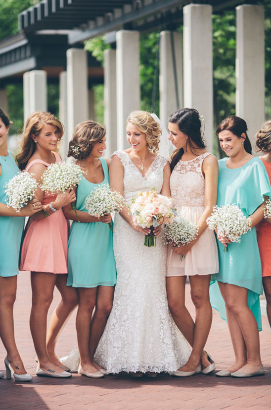 peach and teal bridesmaids dresses