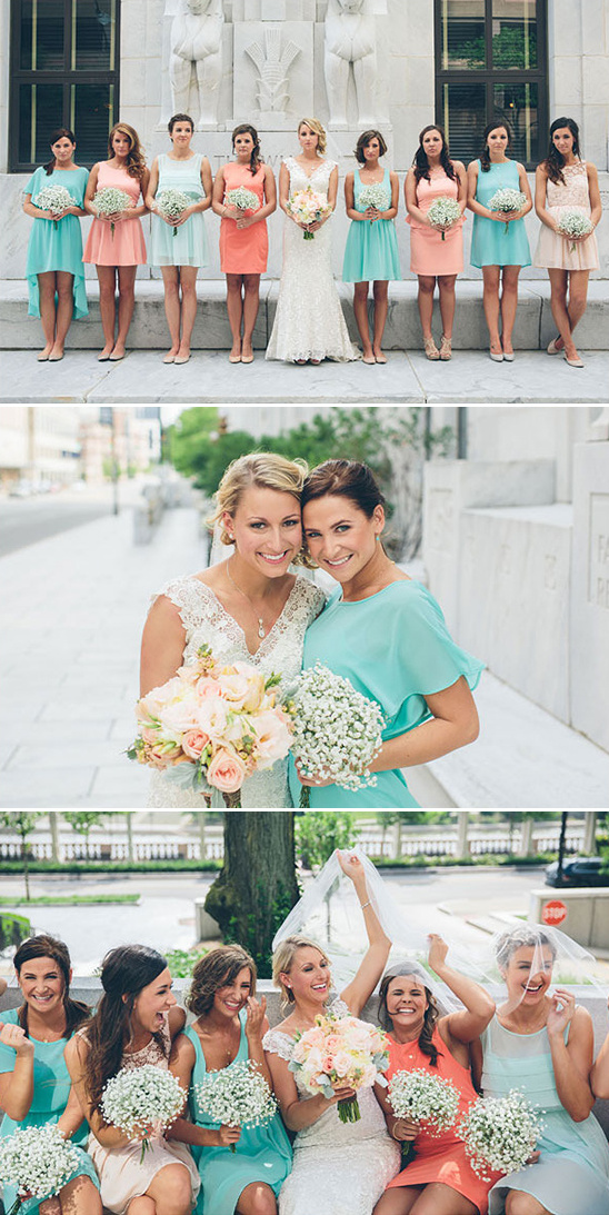 peach and teal bridesmaids dresses
