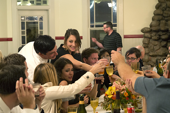 Friends toasting with drinks at a dinner party