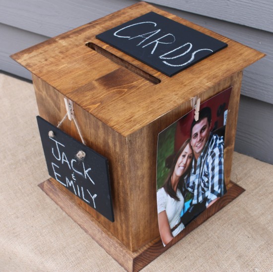 Rustic wooden wedding card box for Jack & Emily