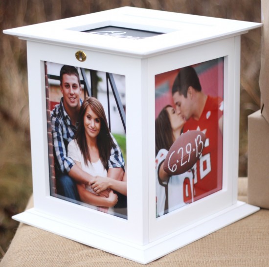 White cube wedding photo box with couple's pictures