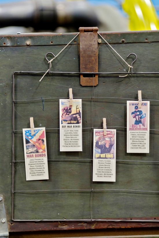 Vintage war bond posters hanging on an old trunk