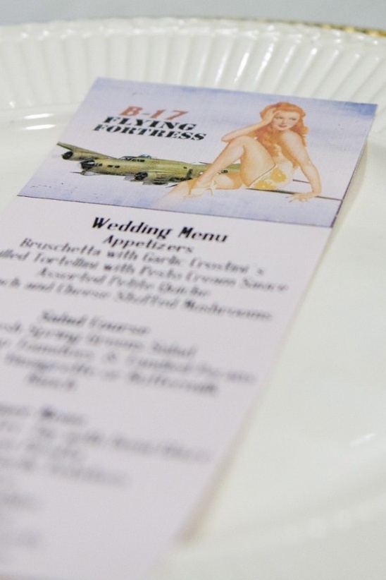 Vintage WWII themed wedding menu with B17 Flying Fortress
