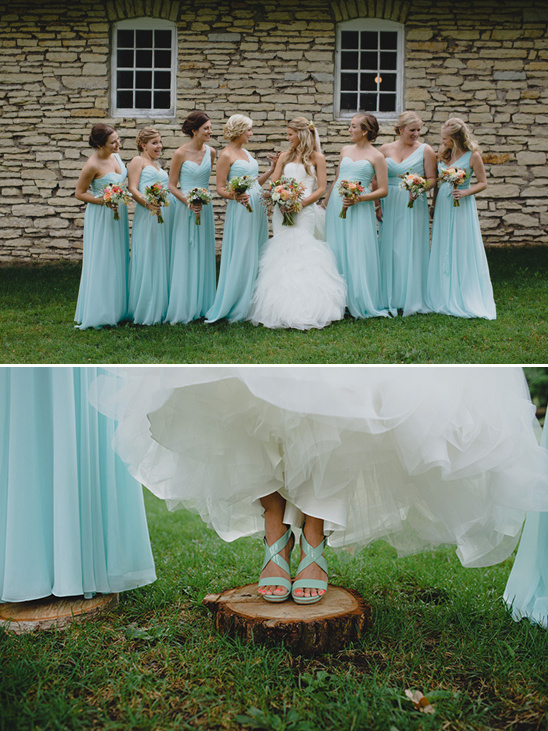 light blue bridesmaids and cute wedding shoes