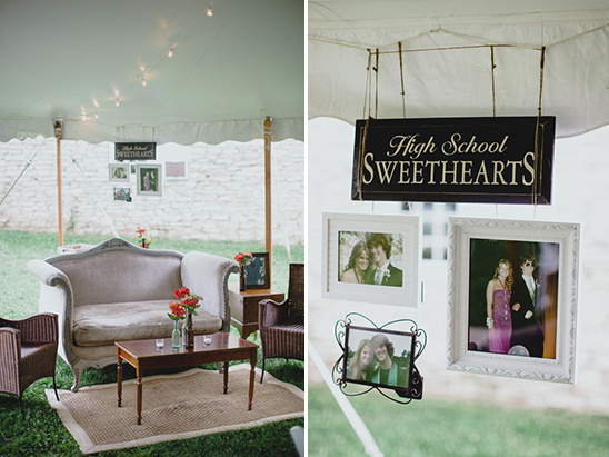 tent covered seating area and high school sweetheart photos