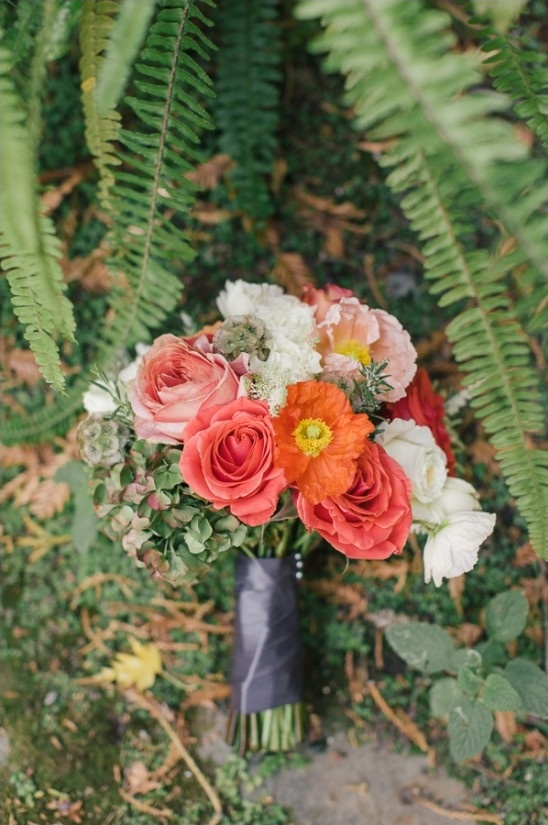 red pink and orange bridesmaid bouquet