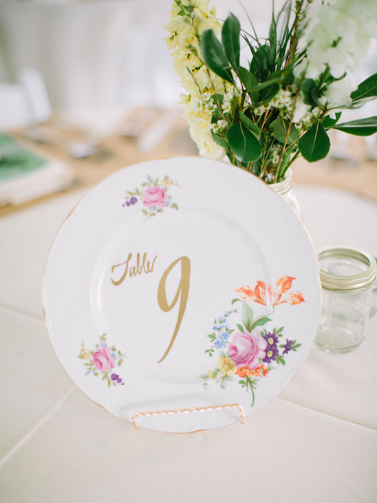 pretty patterned plates as table numbers