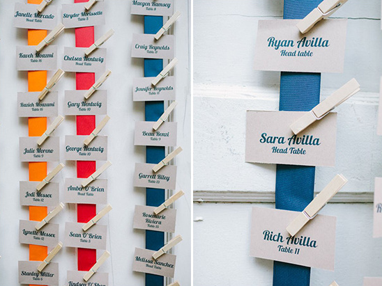 clothespin and ribbon hung escort cards