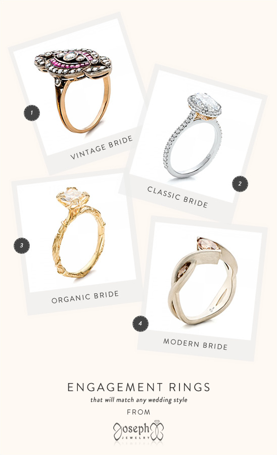 Engagement rings for different bridal styles displayed with text
