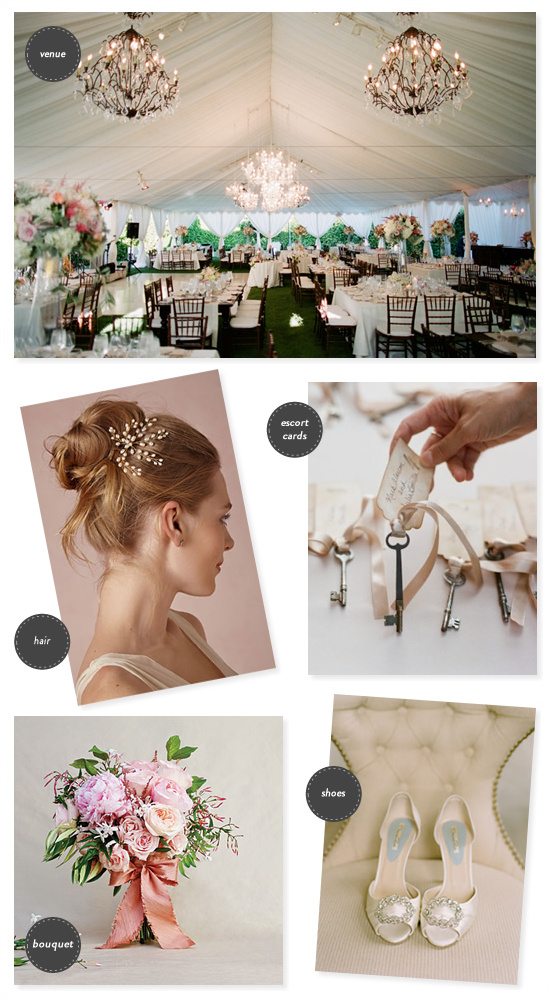 Elegant wedding details including venue, hair, shoes and bouquet