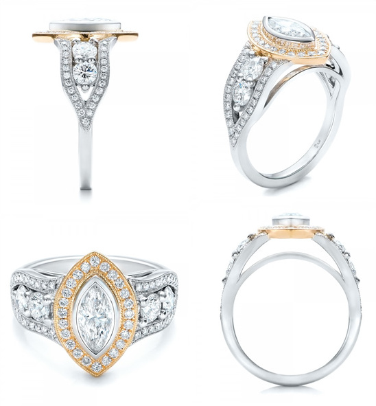Stunning marquise diamond engagement ring with gold and silver detailing