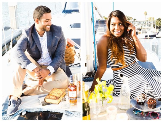 Couple enjoys a stylish yacht picnic with drinks snacks
