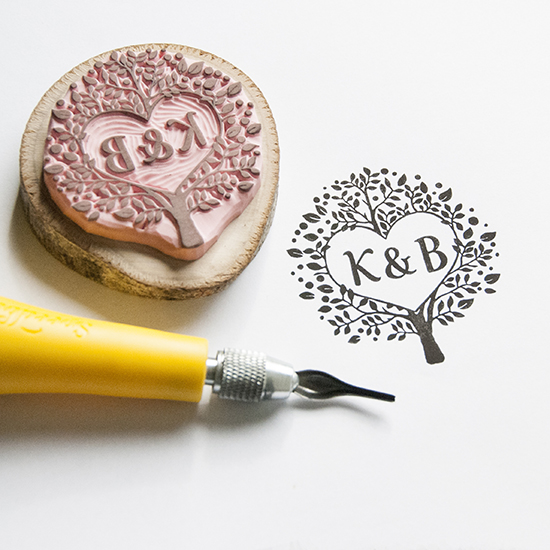 Hand carved heart tree stamp K and B initials