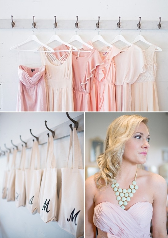 assorted bridesmaids dresses and fun bridal party totes