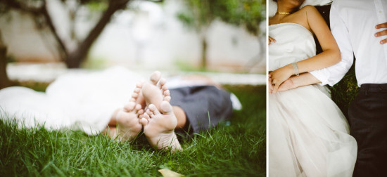 Newlyweds relaxing on the grass after their wedding ceremony