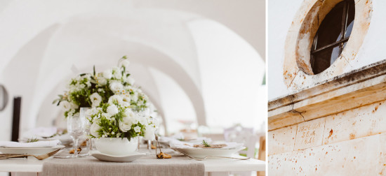 Elegant wedding table with floral arrangement and architectural details