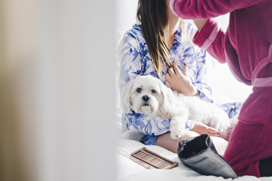 Woman in floral pajamas holds small white dog on lap