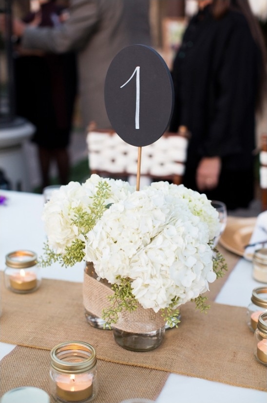 chalkboard table number signs and white hydrangea centerpieces