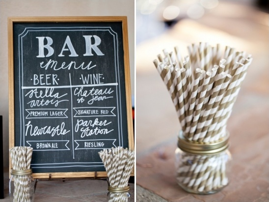 chalkboard bar sign and gold striped straws