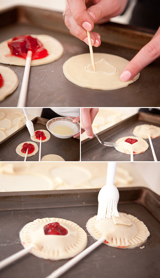 cut out heart shape brush with egg whites lay top crust over filling