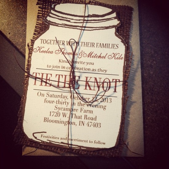 Mason Jar Tie the Knot Wedding Invitation with burlap