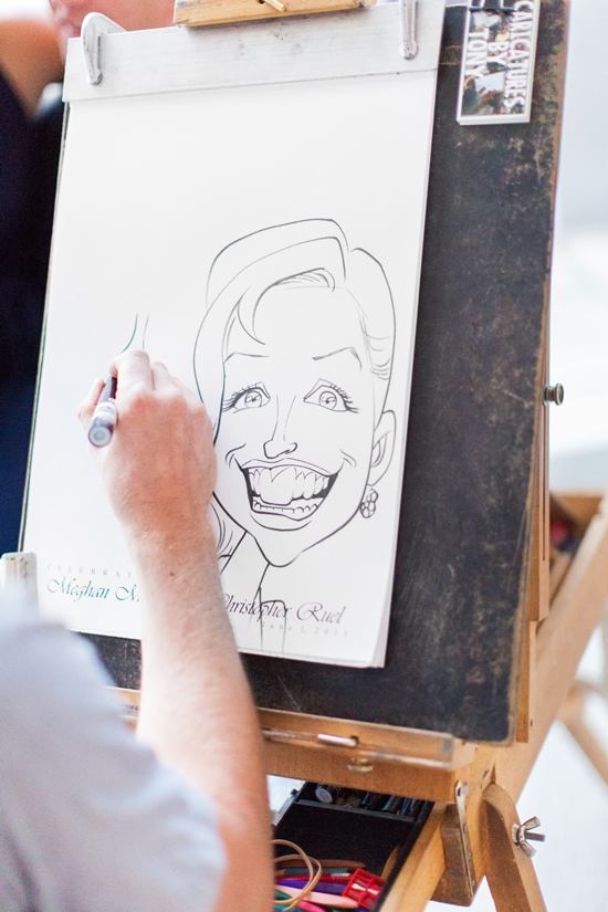 Artist drawing a caricature of a smiling woman, line art