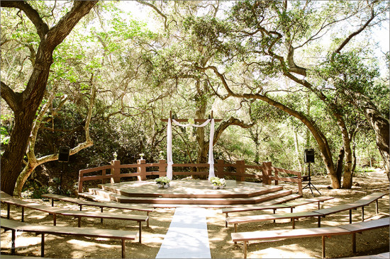 Outdoor wedding venue with rows of benches and trees