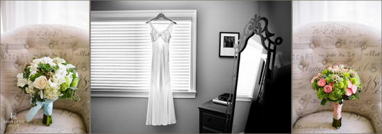 Wedding day scene featuring a gown, bouquets, and a mirror