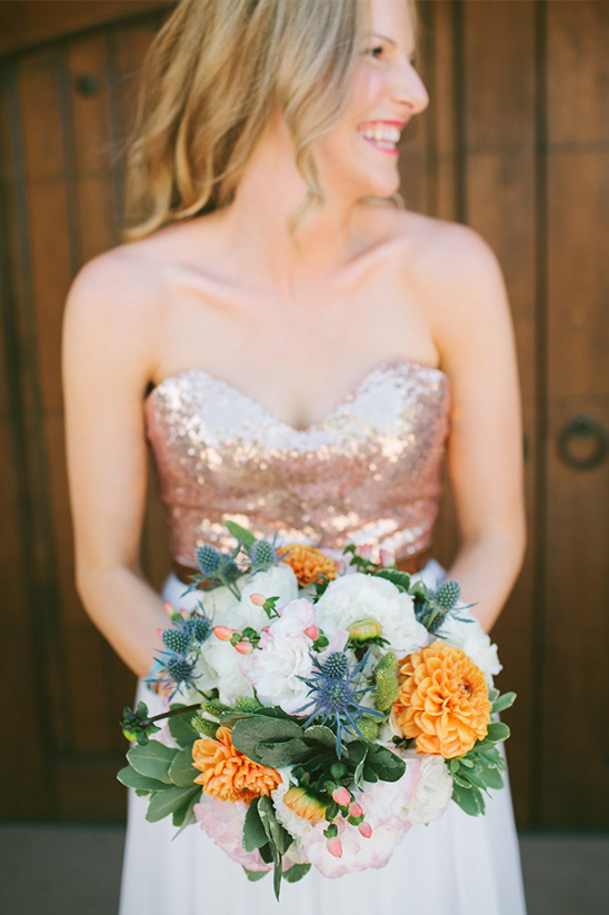orange blue and white wedding bouquet