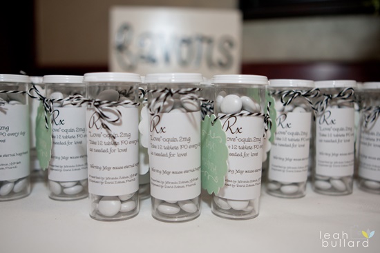 Wedding favors: unique Rx bottles filled with sweet treats and love