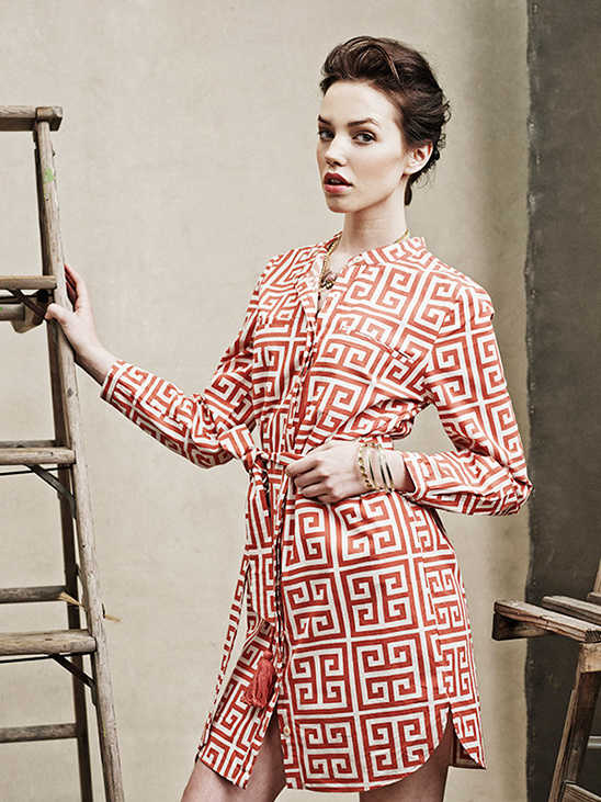 Woman in geometric print dress poses next to a wooden ladder