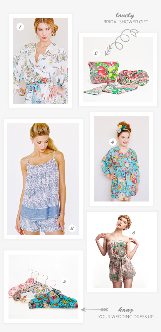 Bridal shower gift ideas with floral dresses, robes, and accessories