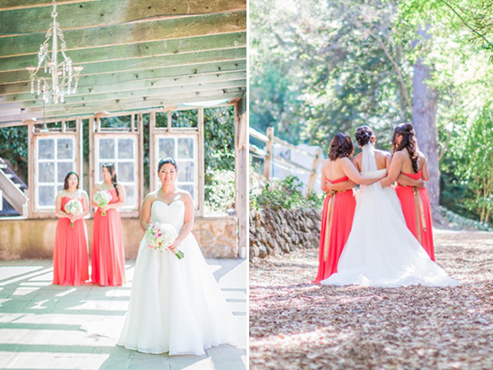 coral bridesmaid dresses tied with gold bows