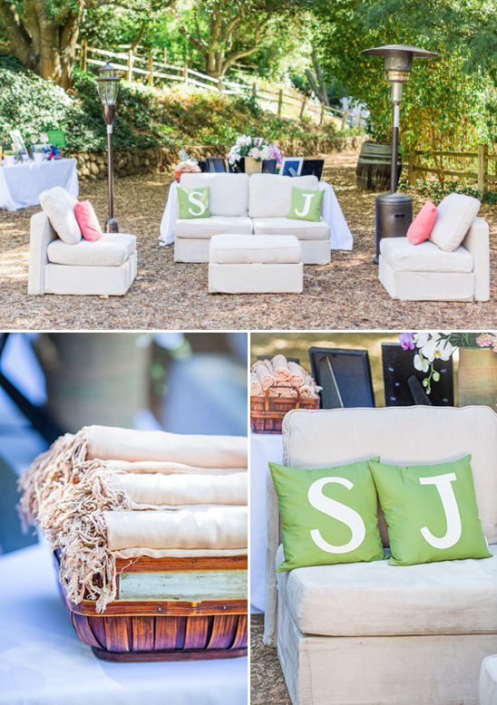 lounge area at your wedding with monogram pillows