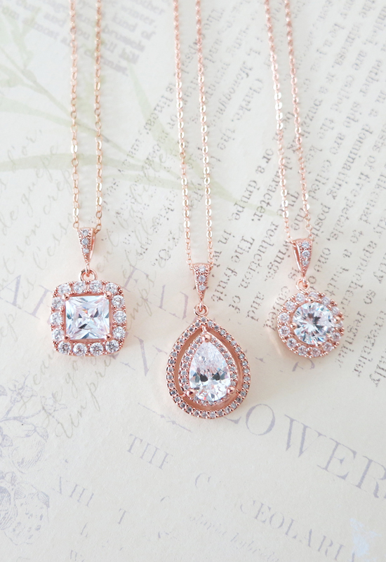 Rose gold necklaces with sparkly cubic zirconia pendants
