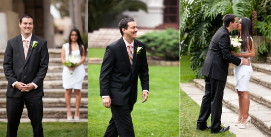 Groom and bride wedding photos in a garden with happy expressions