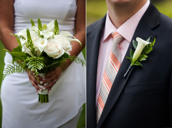 Bride holding wedding bouquet and groom in suit with boutonniere
