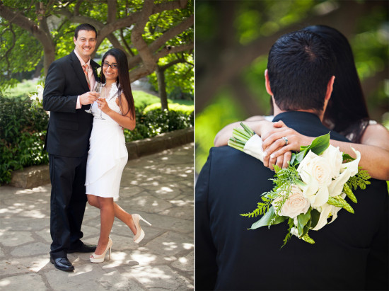 Happy couple celebrating their wedding day with champagne and flowers