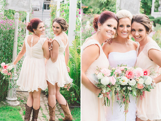 cream bridesmaid dresses and cowgirl boots
