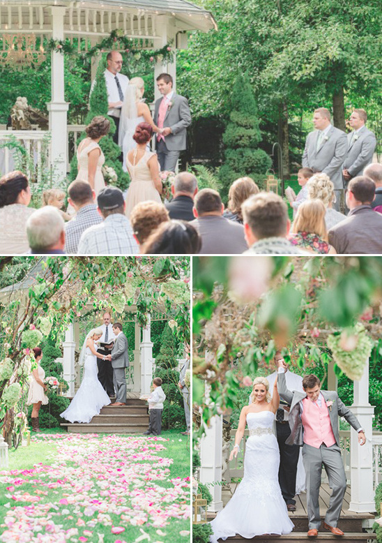 Outdoor wedding ceremony at gazebo with happy couple