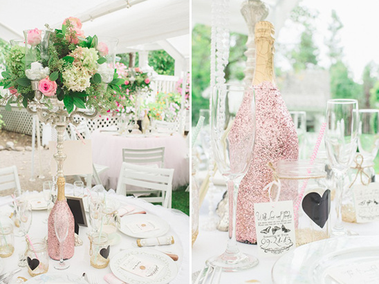 Floral centerpiece and pink champagne wedding table
