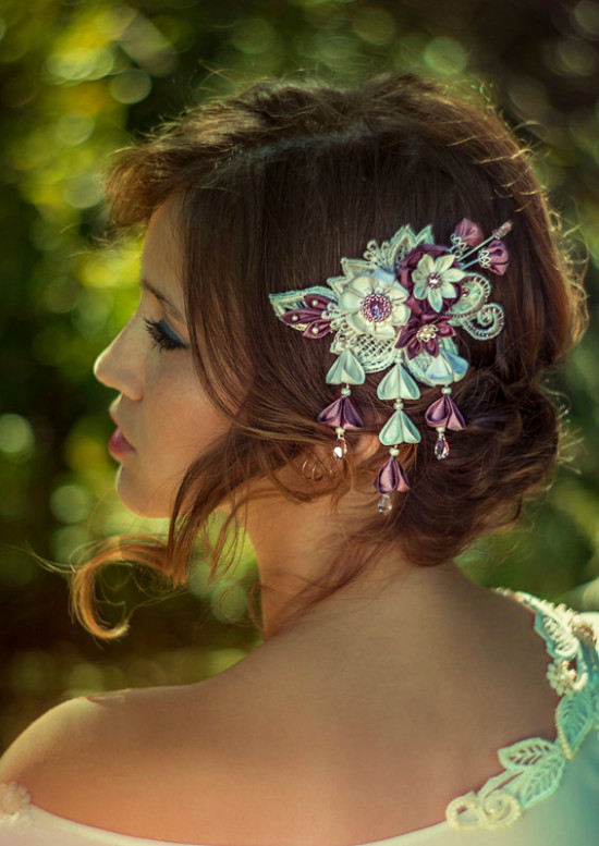Elegant woman with ornate hair accessory, side view