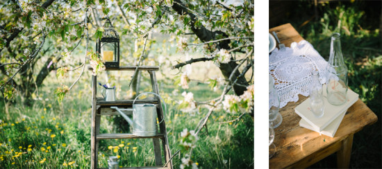 Rustic outdoor scene with ladder, watering can, and table setup